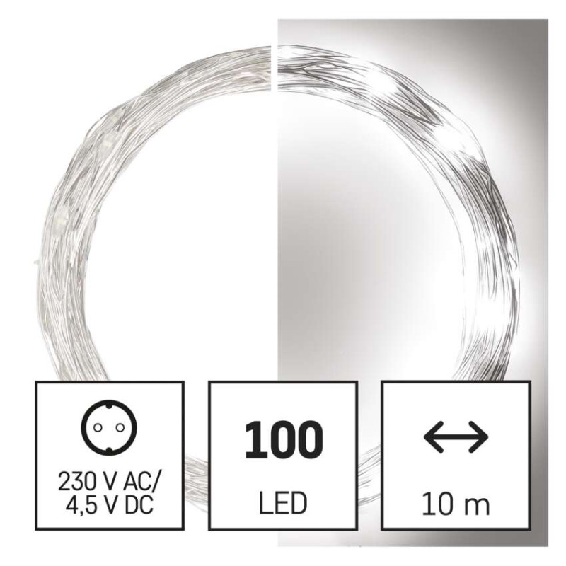 LED vánoční nano řetěz stříbrný, 10 m, venkovní i vnitřní, studená bílá, časovač