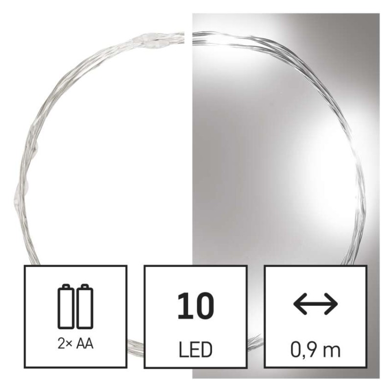 LED vánoční nano řetěz stříbrný, 0,9 m, 2x AA, vnitřní, studená bílá, časovač