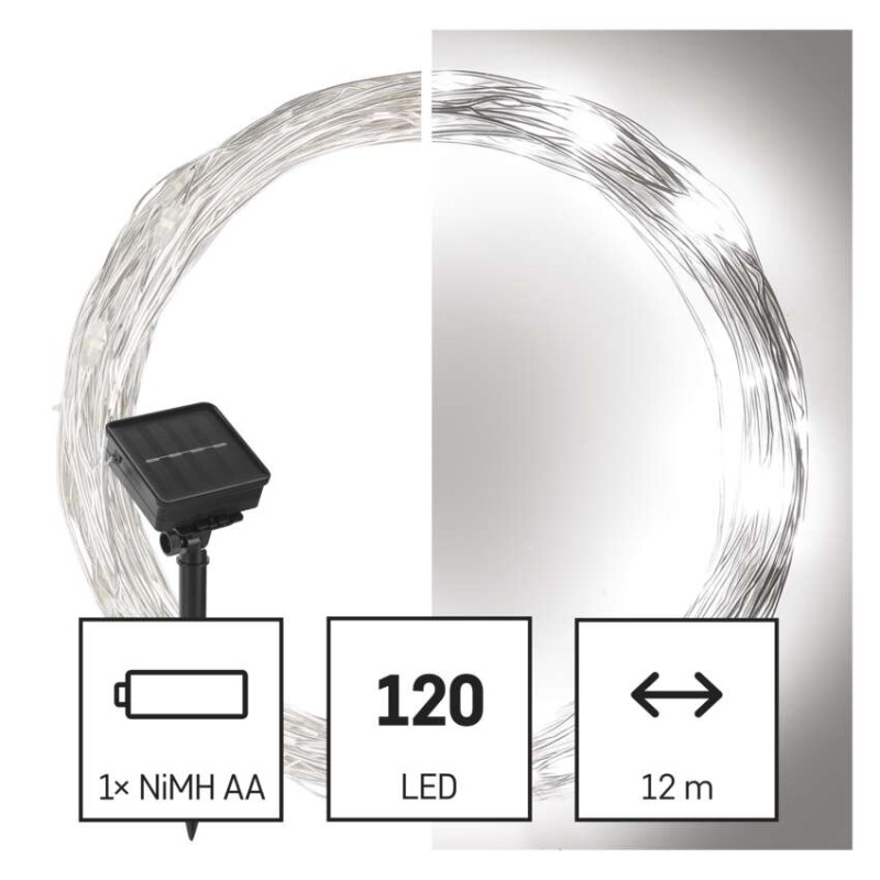 LED nano řetěz se solárním panelem, 12 m, venkovní i vnitřní, studená bílá, časovač