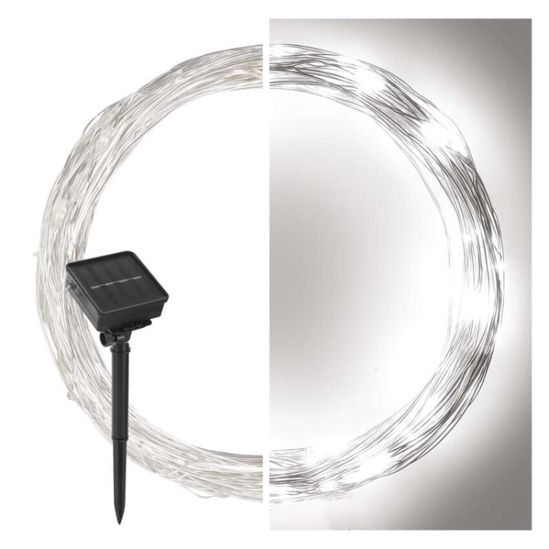 LED nano řetěz se solárním panelem, 12 m, venkovní i vnitřní, studená bílá, časovač