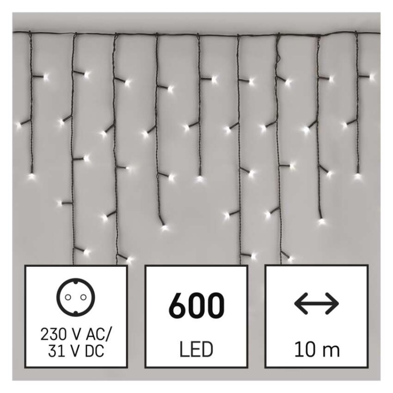 LED vánoční rampouchy, 10 m, venkovní i vnitřní, studená bílá, programy