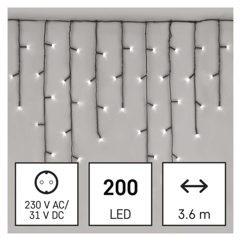 LED vánoční rampouchy, 3,6 m, venkovní i vnitřní, studená bílá, programy