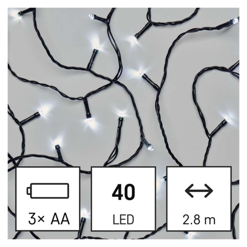 LED vánoční řetěz, 2,8 m, 3x AA, venkovní i vnitřní, studená bílá, časovač