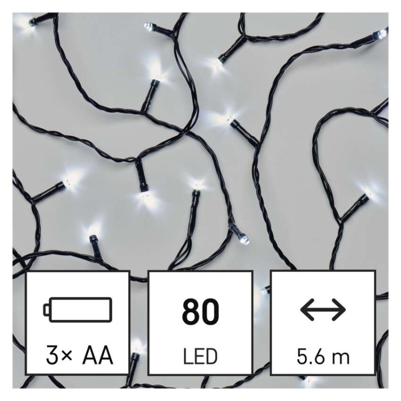 LED vánoční řetěz, 5,6 m, 3x AA, venkovní i vnitřní, studená bílá, časovač