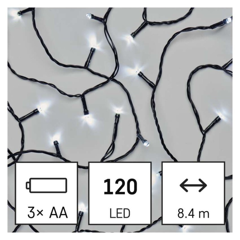 LED vánoční řetěz, 8,4 m, 3x AA, venkovní i vnitřní, studená bílá, časovač