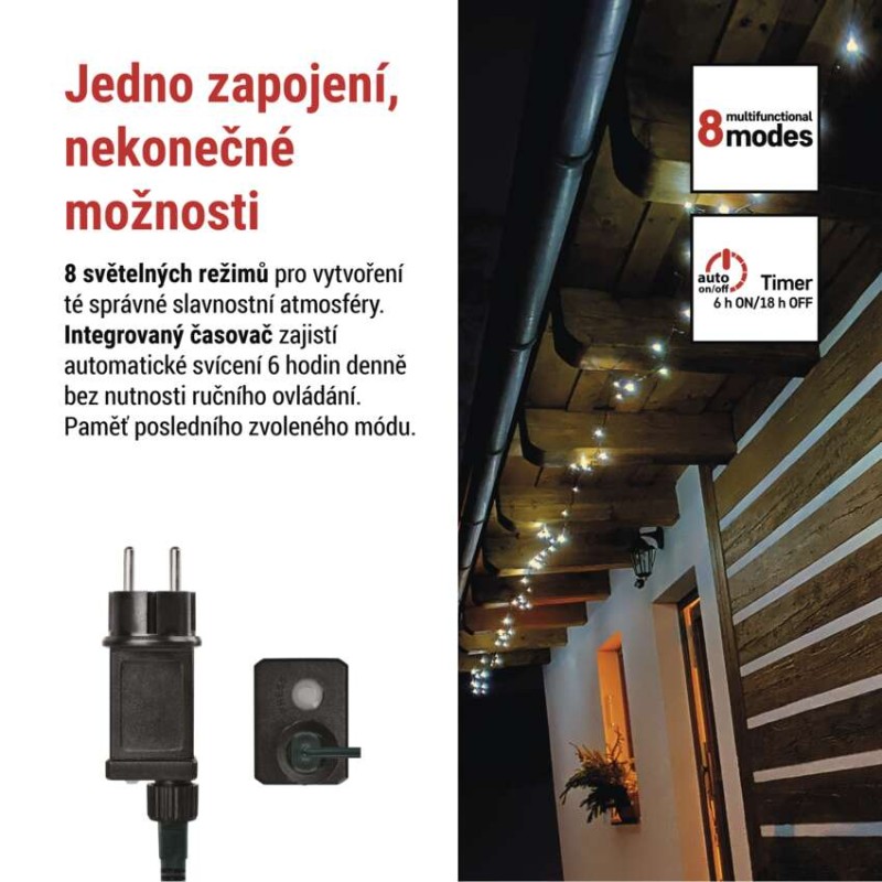 LED vánoční řetěz, 4 m, venkovní i vnitřní, studená bílá, programy, časovač