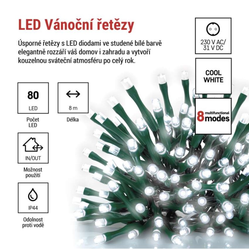 LED vánoční řetěz, 8 m, venkovní i vnitřní, studená bílá, programy, časovač