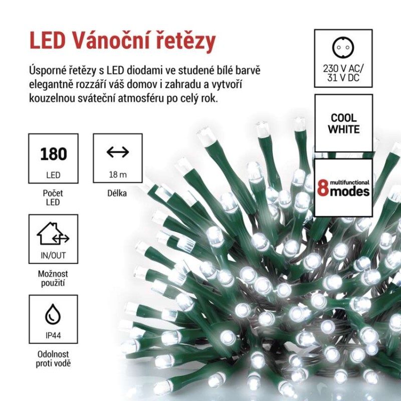 LED vánoční řetěz, 18 m, venkovní i vnitřní, studená bílá, programy, časovač