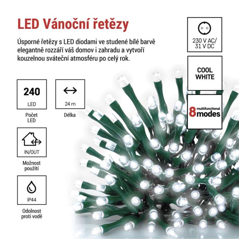 LED vánoční řetěz, 24 m, venkovní i vnitřní, studená bílá, programy, časovač