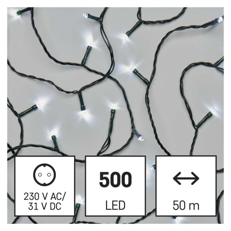 LED vánoční řetěz, 50 m, venkovní i vnitřní, studená bílá, programy, časovač