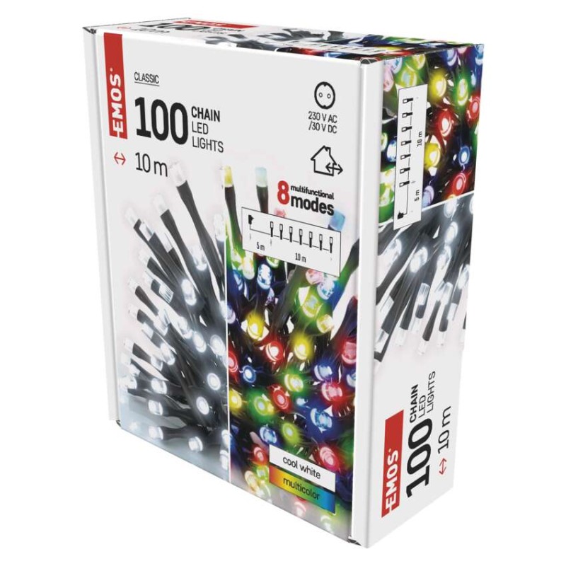 LED vánoční řetěz 2v1, 10 m, venkovní i vnitřní, studená bílá/multicolor, programy