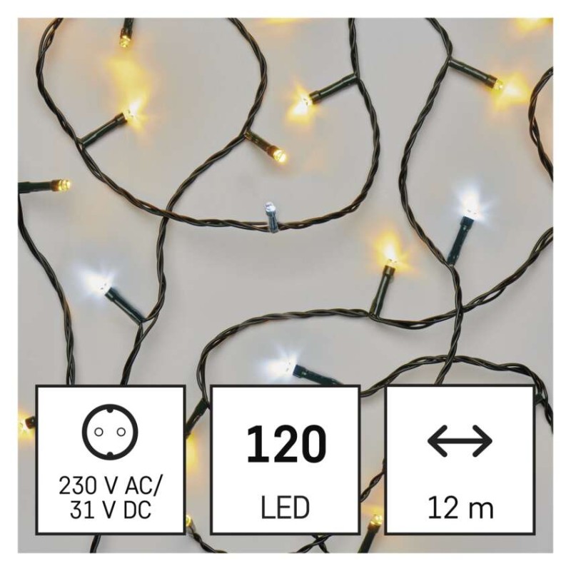 LED vánoční řetěz, 12 m, venkovní i vnitřní, teplá/studená bílá, časovač