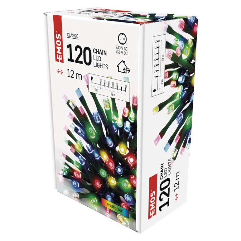 LED vánoční řetěz, 12 m, venkovní i vnitřní, multicolor, časovač