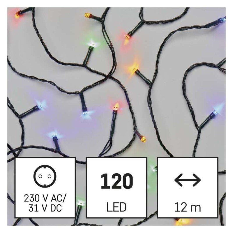 LED vánoční řetěz, 12 m, venkovní i vnitřní, multicolor, časovač