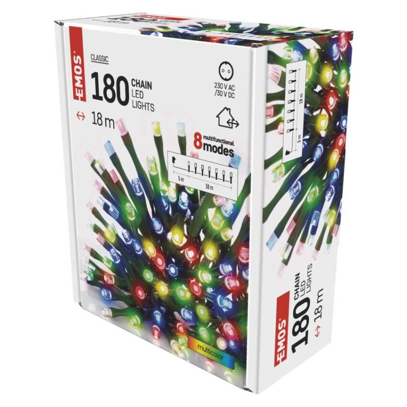 LED vánoční řetěz, 18 m, venkovní i vnitřní, multicolor, programy