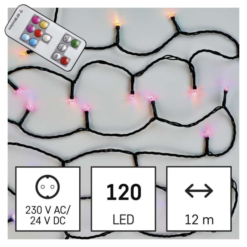 LED vánoční řetěz, 12 m, venkovní i vnitřní, RGB, ovladač, programy, časovač