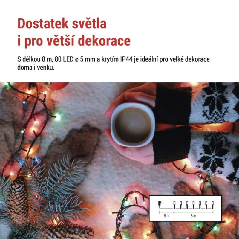 LED vánoční řetěz, 8 m, venkovní i vnitřní, multicolor, programy, časovač
