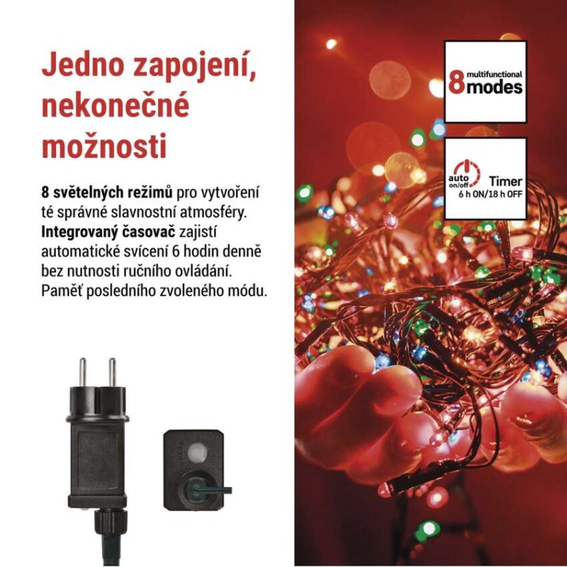 LED vánoční řetěz, 8 m, venkovní i vnitřní, multicolor, programy, časovač