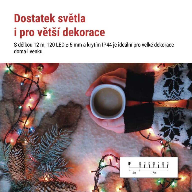 LED vánoční řetěz, 12 m, venkovní i vnitřní, multicolor, programy, časovač