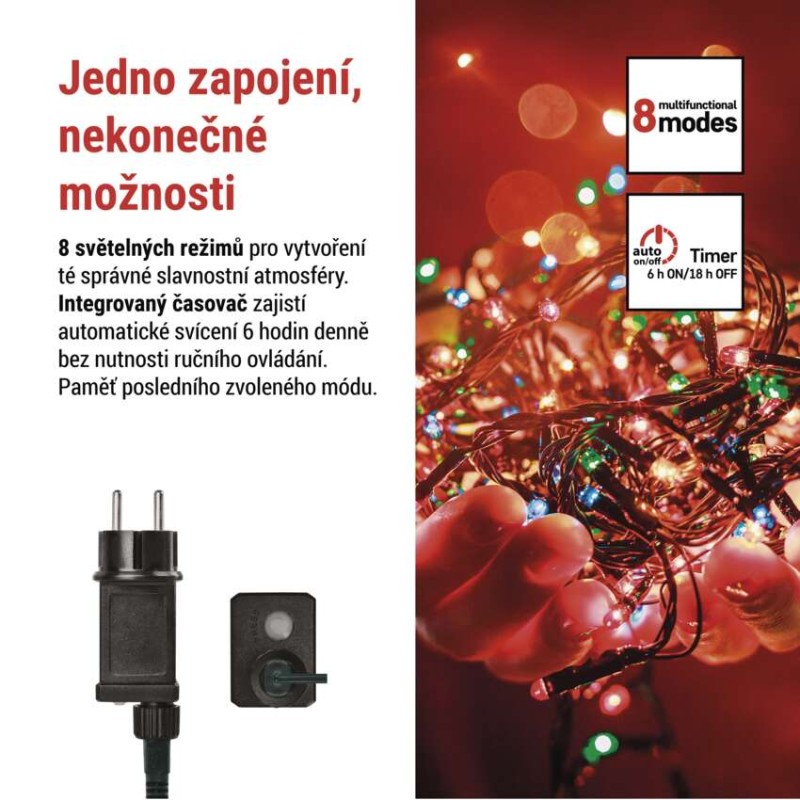 LED vánoční řetěz, 12 m, venkovní i vnitřní, multicolor, programy, časovač