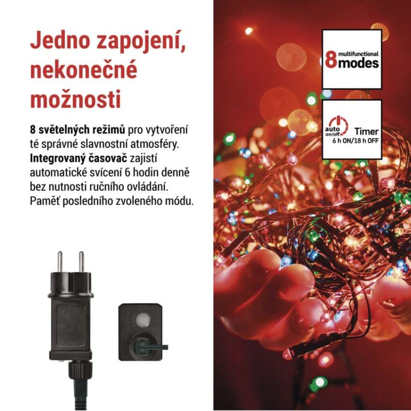 LED vánoční řetěz, 24 m, venkovní i vnitřní, multicolor, programy, časovač