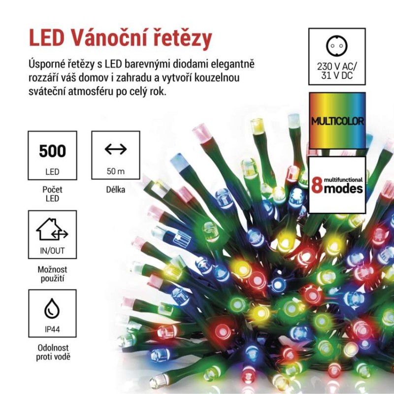 LED vánoční řetěz, 50 m, venkovní i vnitřní, multicolor, programy, časovač