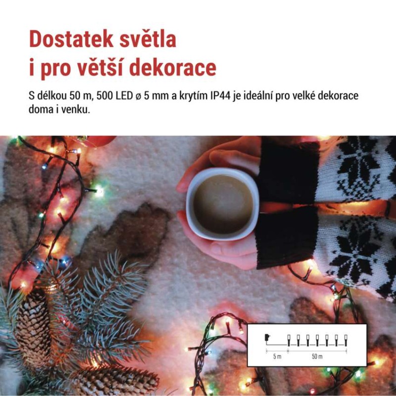 LED vánoční řetěz, 50 m, venkovní i vnitřní, multicolor, programy, časovač