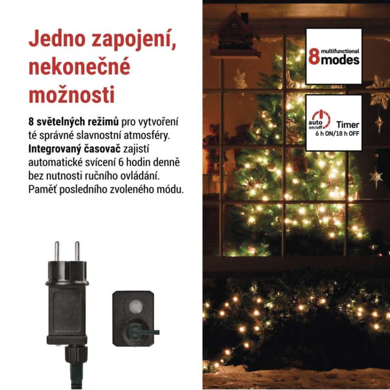 LED vánoční cherry řetěz – kuličky, 30 m, venkovní i vnitřní, teplá bílá, programy,časovač
