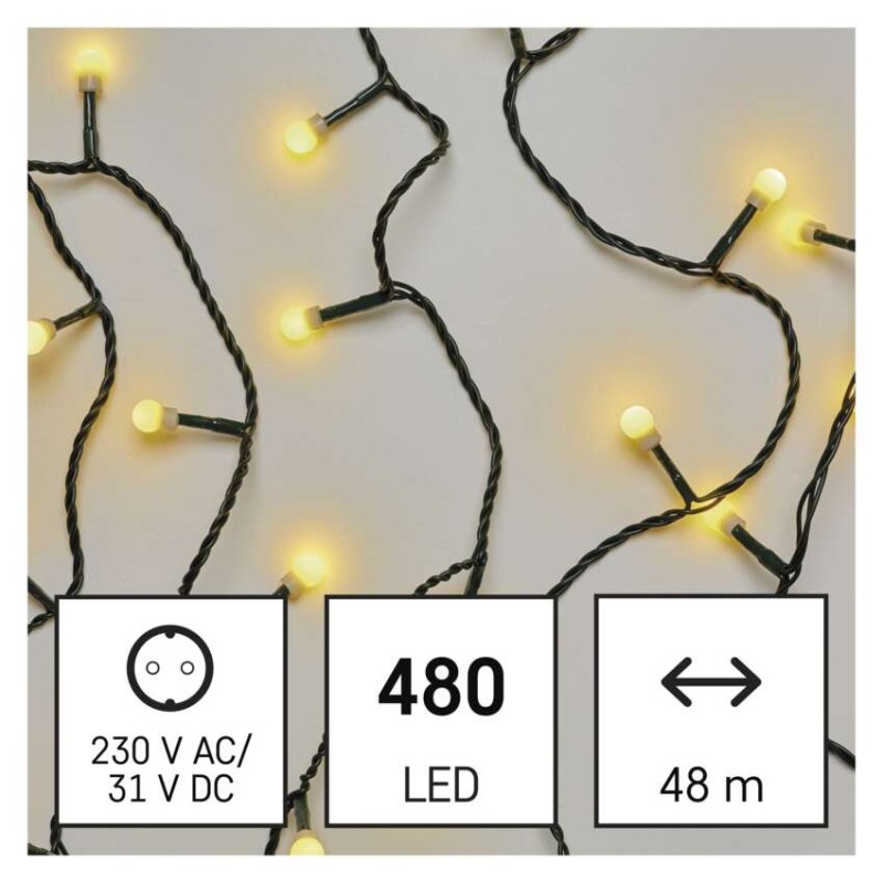 LED vánoční cherry řetěz – kuličky, 48 m, venkovní i vnitřní, teplá bílá, programy,časovač