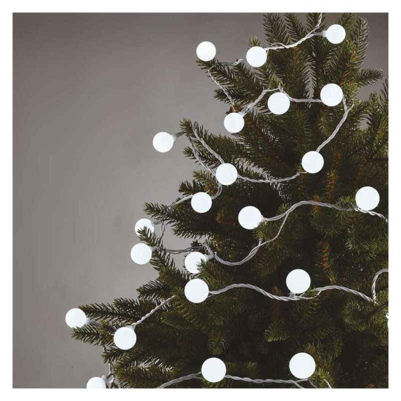 LED světelný cherry řetěz – kuličky 2,5 cm, 4 m, venkovní i vnitřní, studená bílá, časovač