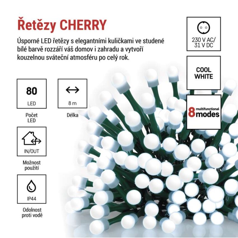 LED vánoční cherry řetěz – kuličky, 8 m, venkovní i vnitřní, studená bílá,programy,časovač
