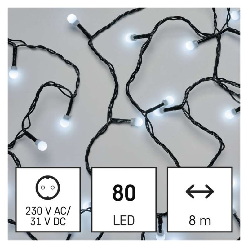 LED vánoční cherry řetěz – kuličky, 8 m, venkovní i vnitřní, studená bílá,programy,časovač