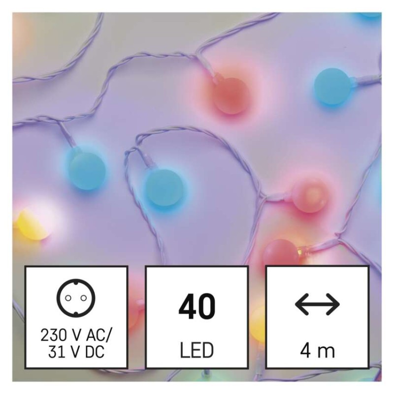 LED světelný cherry řetěz – kuličky 2,5 cm, 4 m, venkovní i vnitřní, multicolor, časovač