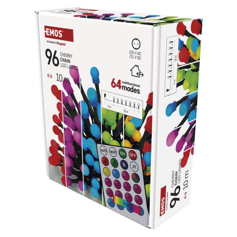 LED vánoční cherry řetěz – kuličky, 10 m, RGB, ovladač, programy, časovač