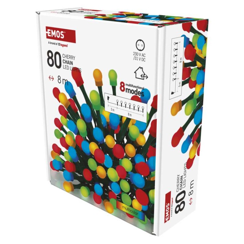 LED vánoční cherry řetěz – kuličky, 8 m, venkovní i vnitřní, multicolor, programy, časovač