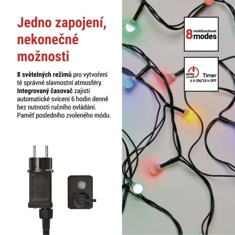 LED vánoční cherry řetěz – kuličky, 20 m, venkovní i vnitřní, multicolor, programy,časovač