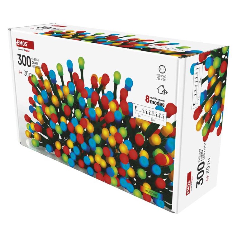 LED vánoční cherry řetěz – kuličky, 30 m, venkovní i vnitřní, multicolor, programy,časovač
