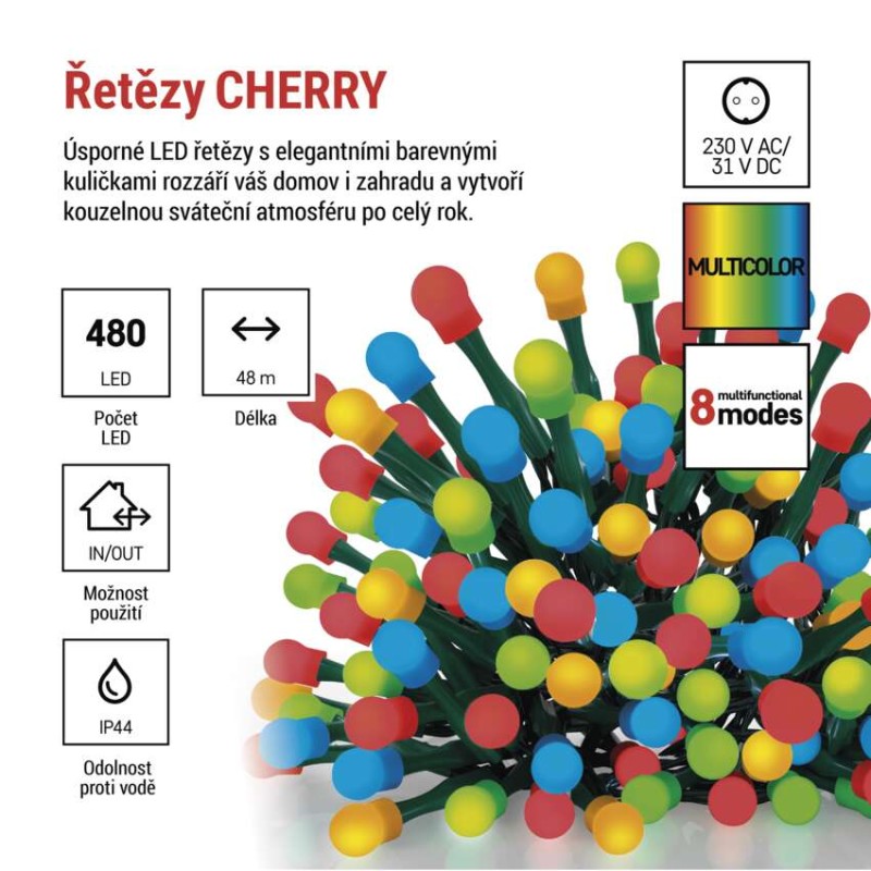 LED vánoční cherry řetěz – kuličky, 48 m, venkovní i vnitřní, multicolor, programy,časovač