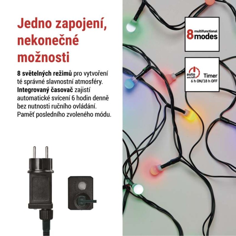 LED vánoční cherry řetěz – kuličky, 48 m, venkovní i vnitřní, multicolor, programy,časovač