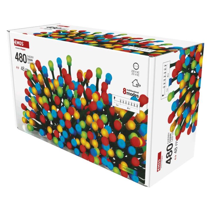 LED vánoční cherry řetěz – kuličky, 48 m, venkovní i vnitřní, multicolor, programy,časovač