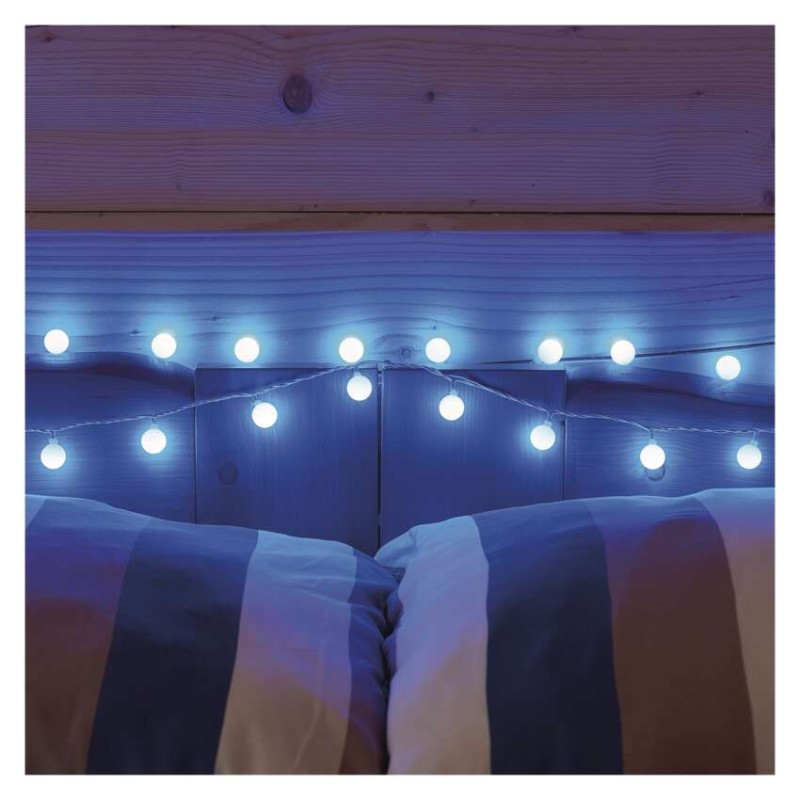 LED světelný cherry řetěz – kuličky 2,5 cm, 4 m, venkovní i vnitřní, modrá, časovač