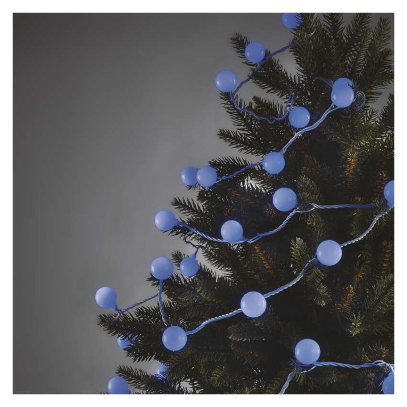 LED světelný cherry řetěz – kuličky 2,5 cm, 4 m, venkovní i vnitřní, modrá, časovač