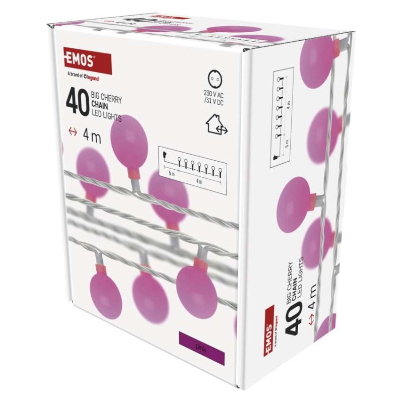 LED světelný cherry řetěz – kuličky 2,5 cm, 4 m, venkovní i vnitřní, růžová, časovač