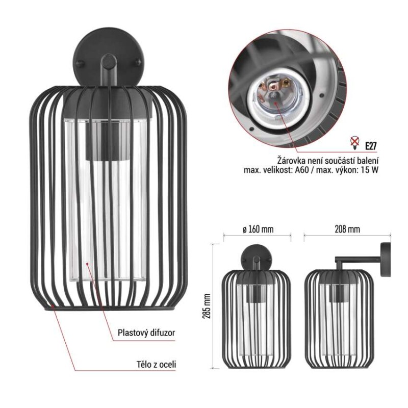 LED zahradní nástěnné svítidlo, 20,8 x 16 x 28,5 cm, 1 x E27, 15 W