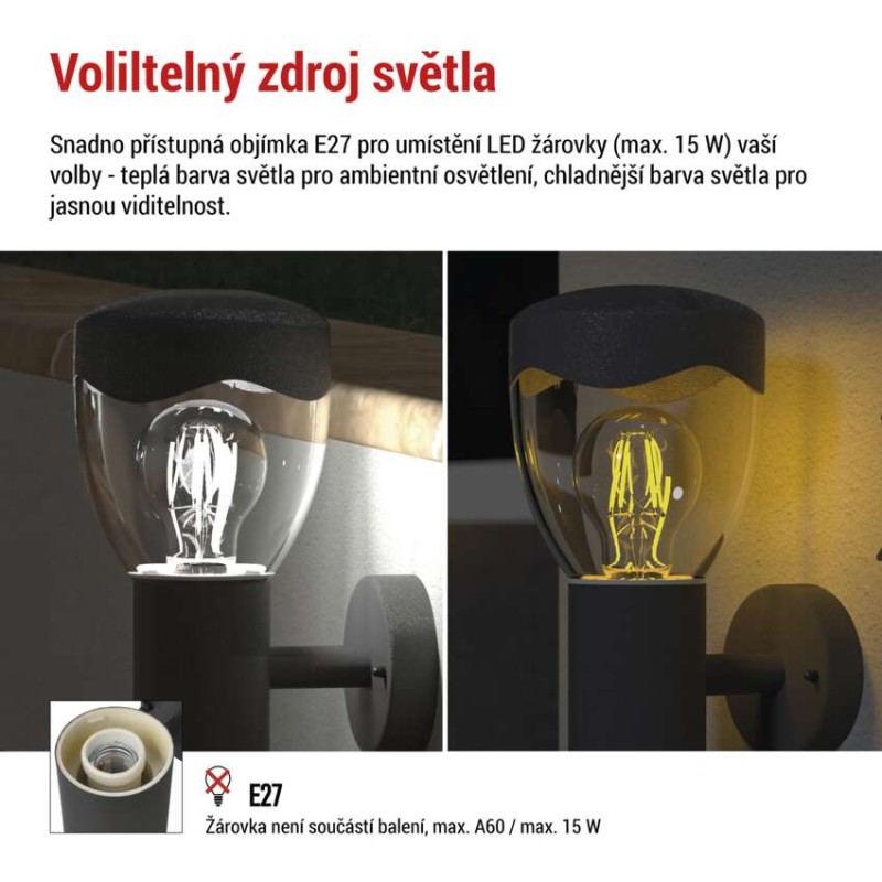 LED zahradní nástěnné svítidlo, 16,4 x 12 x 29,5 cm, 1 x E27, 15 W