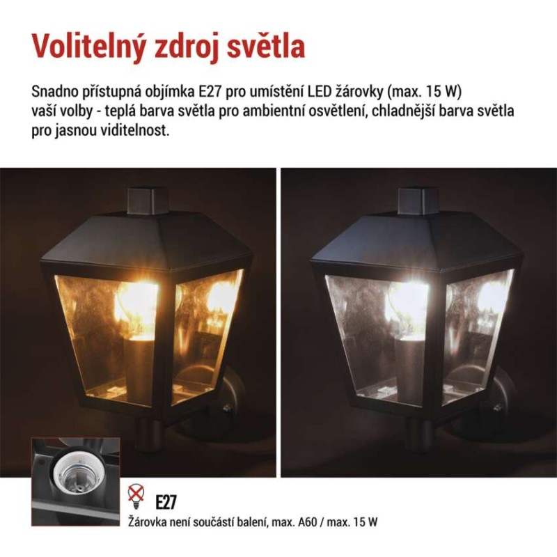 LED zahradní nástěnné svítidlo, 19,8 x 15 x 27,8 cm, 1 x E27, 15 W