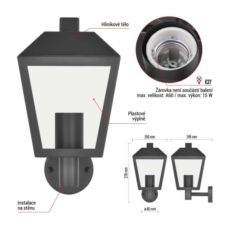 LED zahradní nástěnné svítidlo, 19,8 x 15 x 27,8 cm, 1 x E27, 15 W
