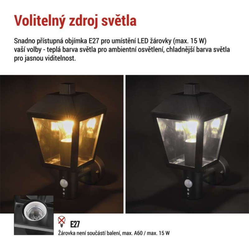 LED zahradní nástěnné svítidlo s čidlem soumraku, 19,8 x 15 x 29,8 cm, 1 x E27, 15 W