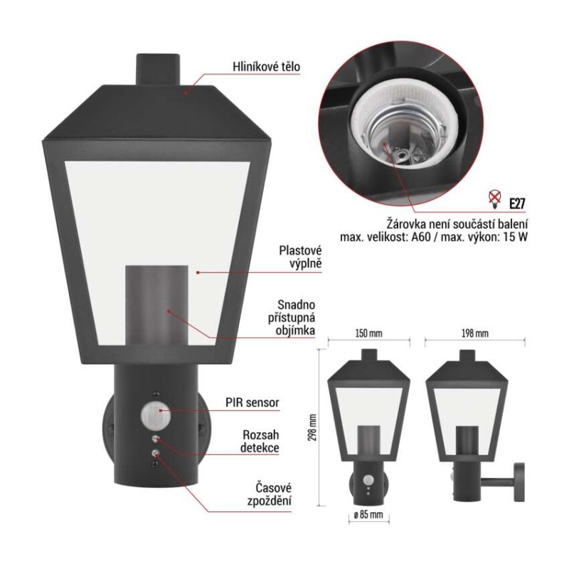 LED zahradní nástěnné svítidlo s čidlem soumraku, 19,8 x 15 x 29,8 cm, 1 x E27, 15 W