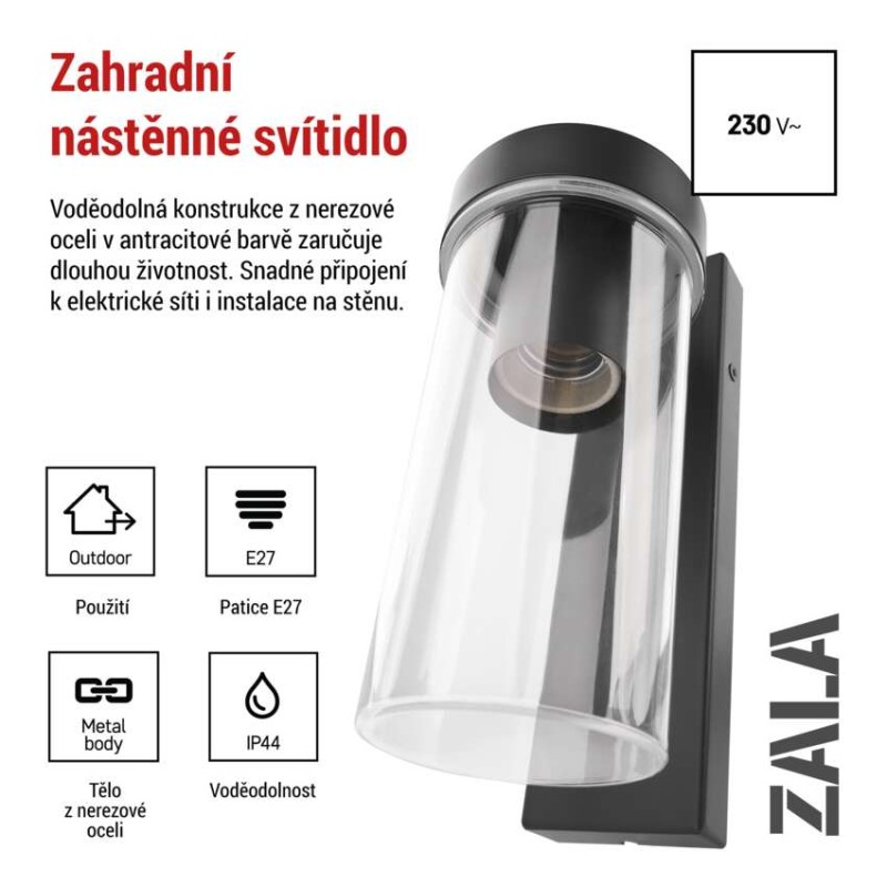 LED zahradní nástěnné svítidlo ZALA, 14,5 × 8,9 × 26,2 cm, 1 × E27, 15 W